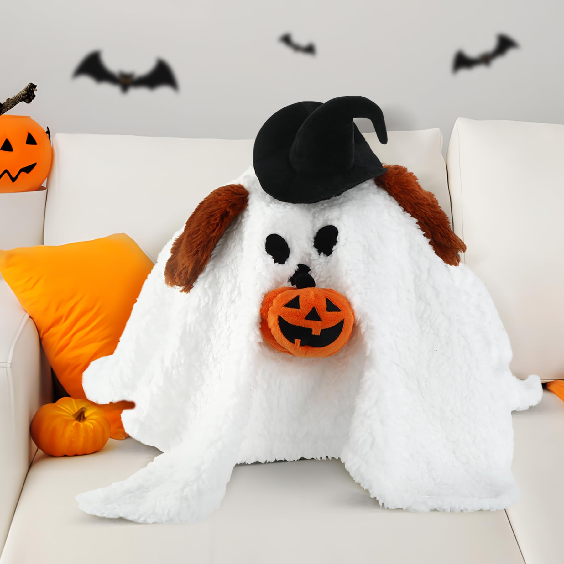 DONGYING Halloween Plush Toys,Ghost with Pumpkin Pillow,Dog Ghost Holding Pumpkin Plush,Halloween Stuffed Animal Plush Pillow,Halloween Party Favors,Halloween Treat Bag Stuffers Gifts Kids Boys Girls