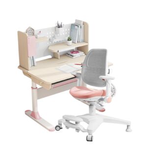 fcd kids desk and chair, adjustable height drafting table computer station with bult-in bookshelf, pull-out drawer, tablet holder and tiltable desktop (desk and chair set, pink)