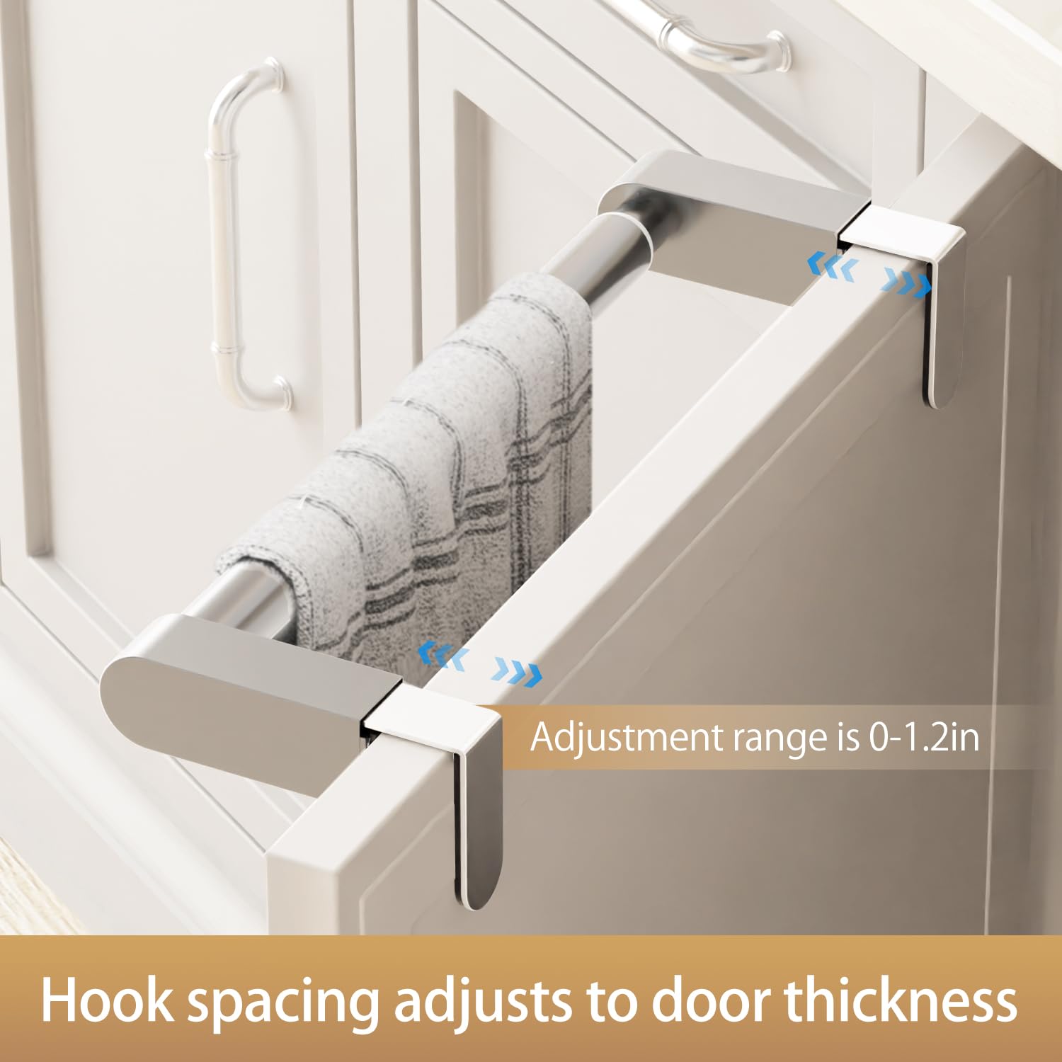 VEHHE Kitchen Towel Holder, Retractable Towel Rack, Over Door Towel Rack with Hooks Adjustable to Door Thickness, EVA Foam Pad, L10.4~16.9 X W0~1.2 X H2.4 inches (Silver)