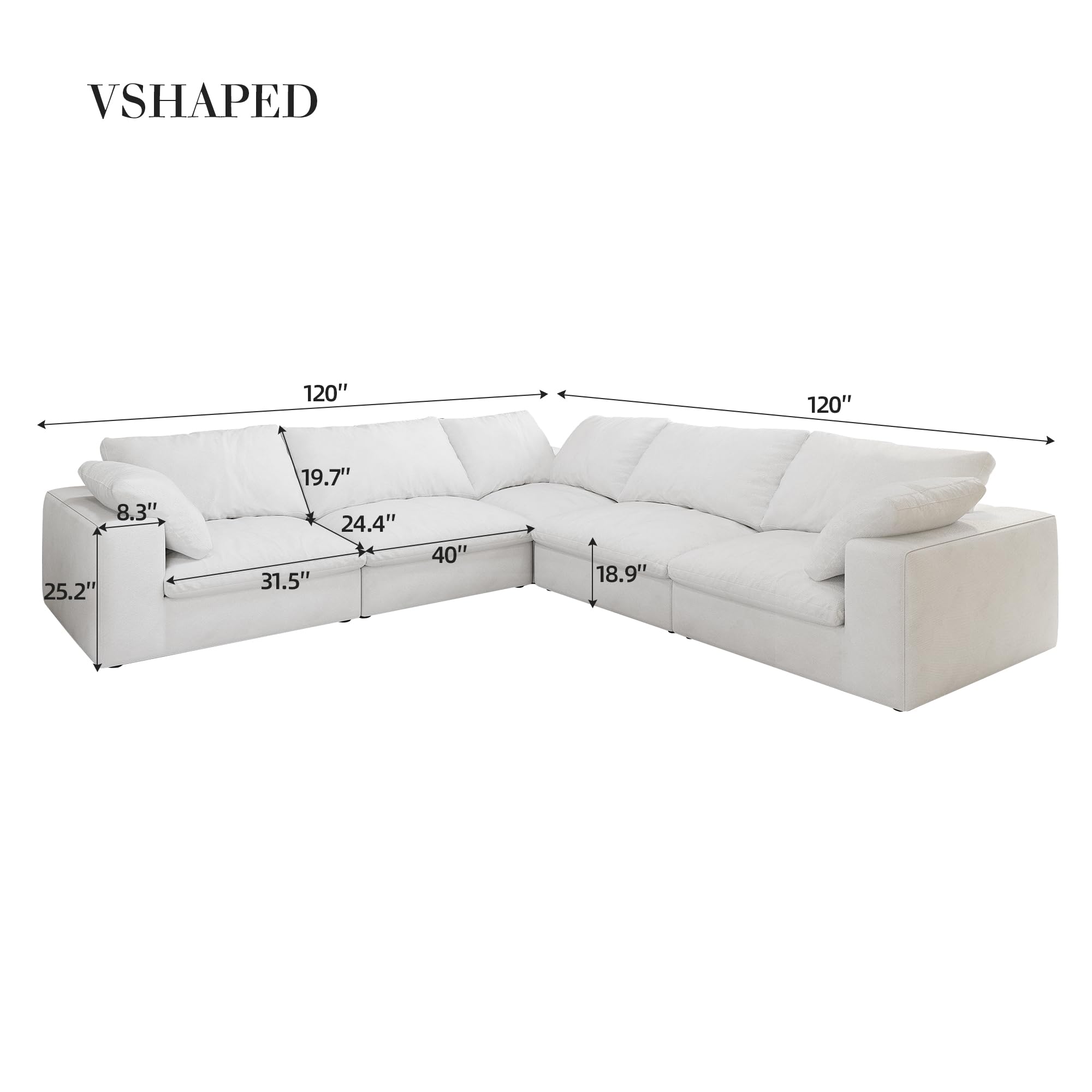 Cloud Modular Sectional Sofa,Large Down Filled Comfort V Shaped Sofa Couch for Living Room,Minimalist Wide Deep Seat Convertible Couches for Office Apartment,4 Seater and 1 Corner,White