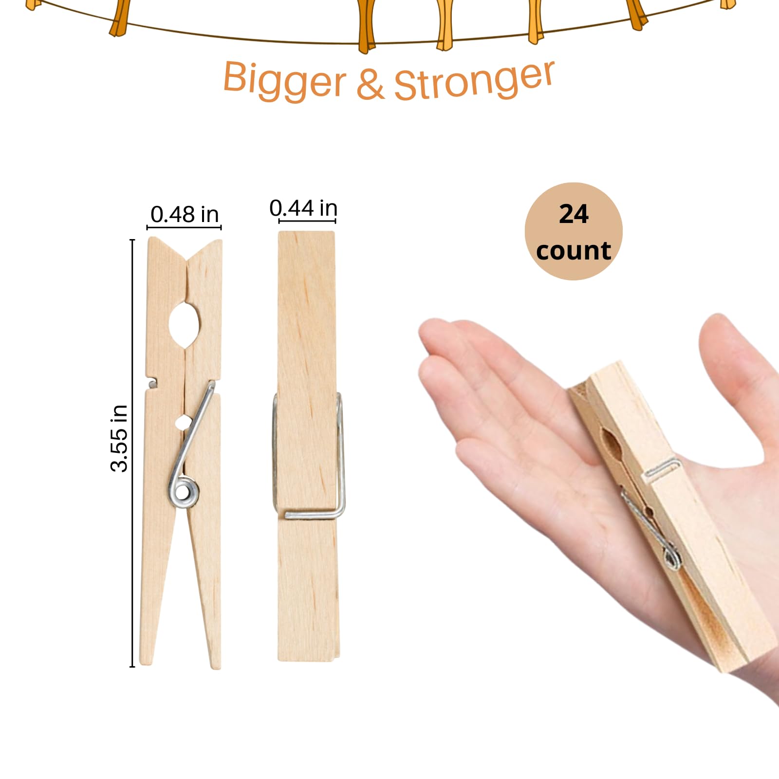 Wood Clothes Pin,Natural Birchwood Clothespins,Strong Grip,Heavy Duty Outdoor Clothes Clips for Hanging Clothes, Art, Crafts, Photo Displays,3.55 Inch,Pack of 24