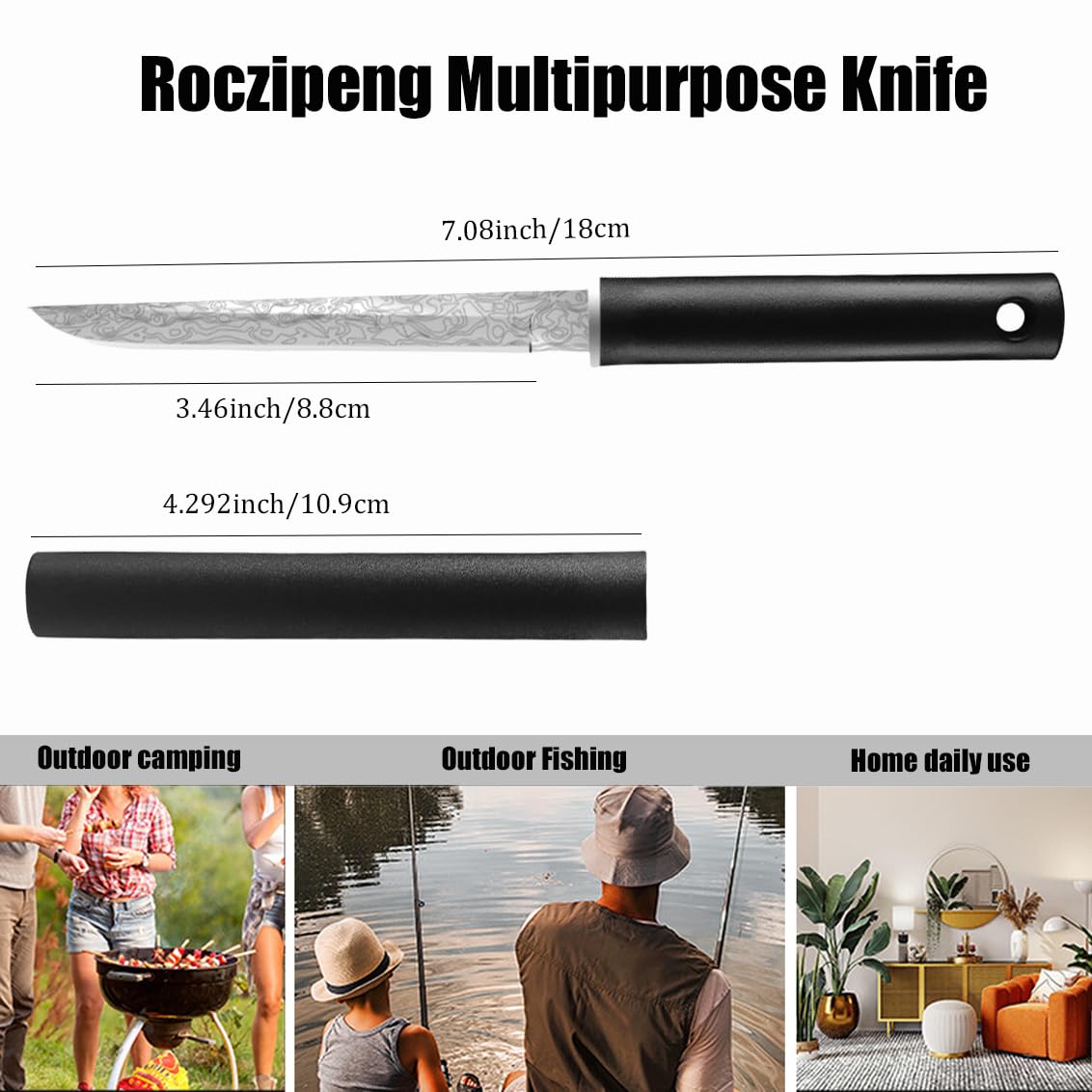 2 Pcs Fruit Knife with Sheath,Fixed Blade Knife with Sheath, Sharp Paring Knife for Home Using, Outdoor Camping, Fishing, Hunting, Black and White