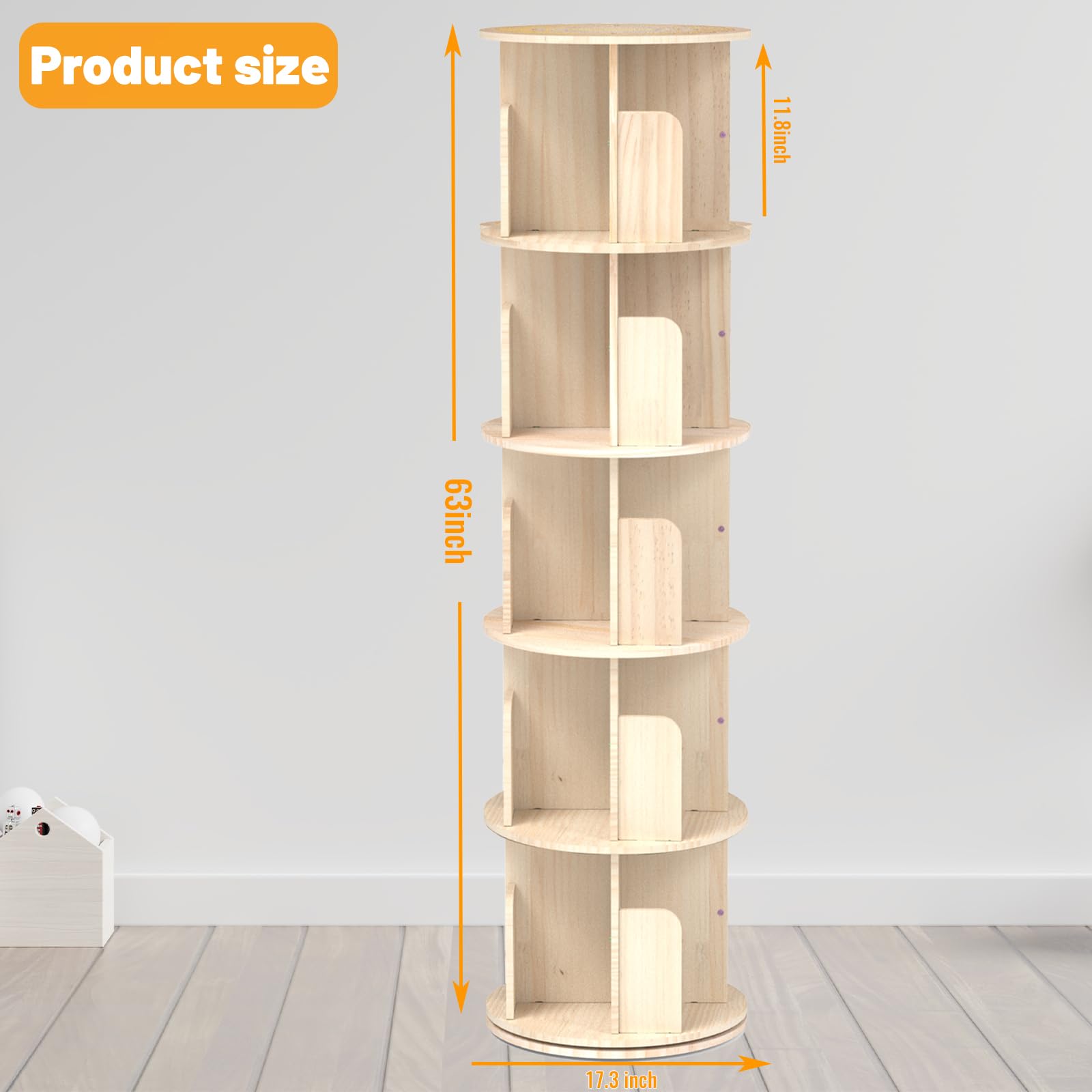 Cuguords Rotating Bookshelf Tower,Corner Bookshelf for Small Space, 360 Display 5-Tier Wood Bookcase Storage Rack, Kids&Adults Spinning Book Shelf,Revolving Bookcase for Bedroom, Living Room