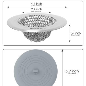 1 Pcs Bathtub Drain Hair Catcher, Reversible 304 Stainless Steel Drain Protector & 1 Pcs Large Silicone Sink Stopper, 5.9 Inch Flat Suction Cover for Kitchen Sink Bathroom Accessories and Laundry