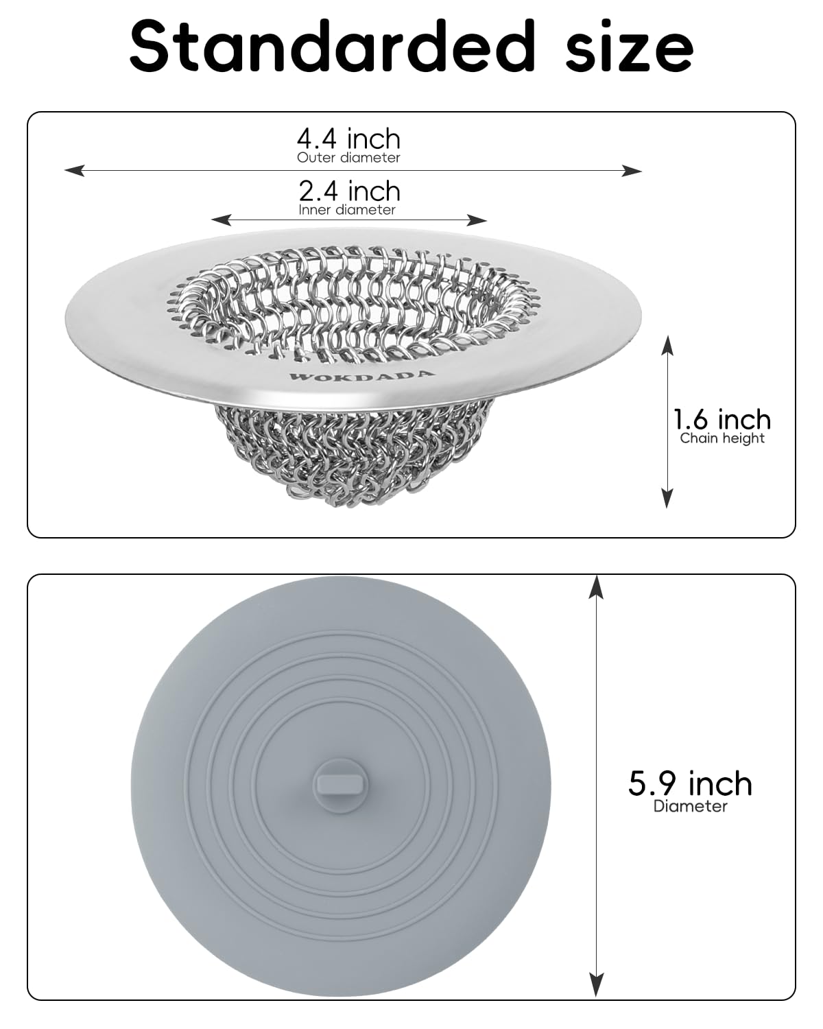 1 Pcs Bathtub Drain Hair Catcher, Reversible 304 Stainless Steel Drain Protector & 1 Pcs Large Silicone Sink Stopper, 5.9 Inch Flat Suction Cover for Kitchen Sink Bathroom Accessories and Laundry