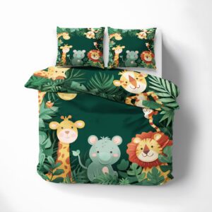 AopGlyvyr Jungle Zoo Duvet Cover Twin Size, Cartoon Animal Comforter Cover, Cute Bedding Set, Breathable Duvet Cover with Zipper Closure, 3 Pieces with 1 Duvet Cover and 2 Pillowcase