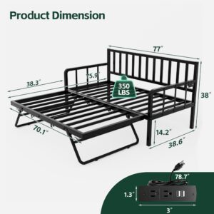 MU Daybed with Trundle Bed, Twin Bed Frame with Charging Station and LED Lights, Metal Sofa Day Bed with Pop Up Trundle and Steel Slat Support for Living Room, Bedroom and Guest Room, Black