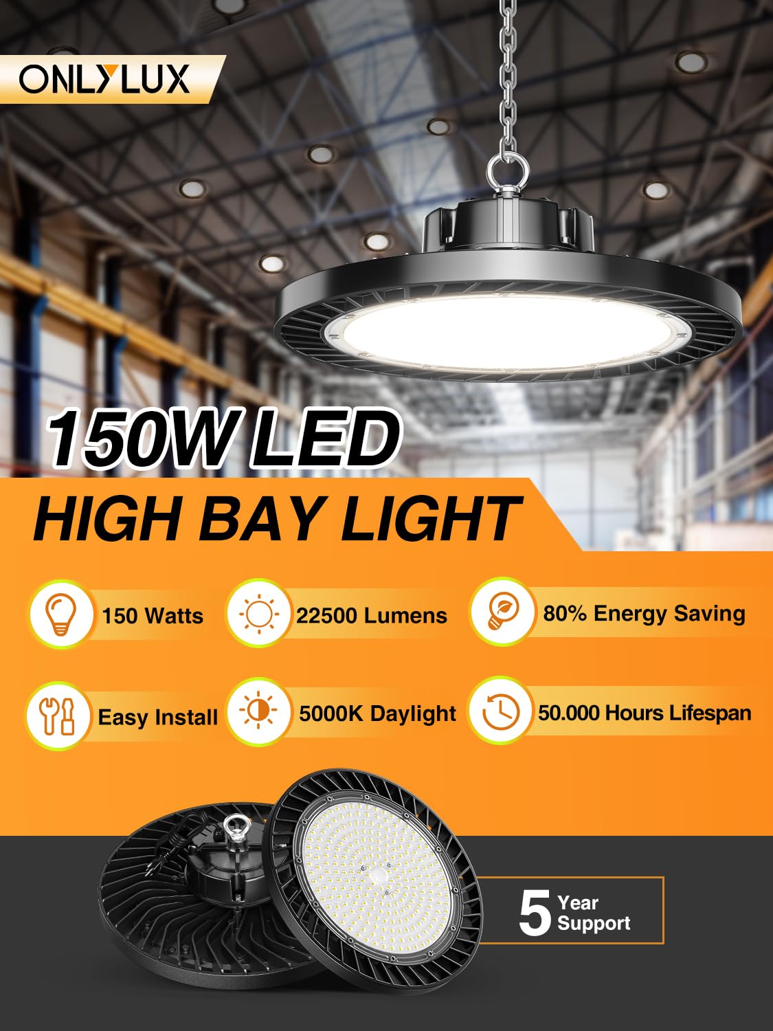 ONLYLUX 12 Pack UFO LED High Bay Lights, 150W 5000K Daylight, 22500LM (Eqv. 800W MH/HPS), Commercial LED Shop Lights with US Plug for Garage Workshop Warehouse Barn, Plug&Play