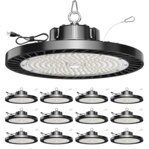 onlylux 12 pack ufo led high bay lights, 150w 5000k daylight, 22500lm (eqv. 800w mh/hps), commercial led shop lights with us plug for garage workshop warehouse barn, plug&play