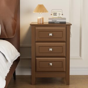 Bonnlo Nightstands Set of 2, 3 Drawer Night Stand for Bedroom with Metal Knobs, Wooden Bedside Table, Brown Nightstand/End Table/Side Table for Small Spaces, College Dorm, Kids' Room, Living Room