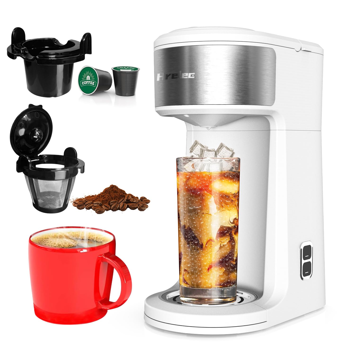 Hrelec 2 in 1 K Cup Coffee Maker, Iced Single Serve Coffee Maker for Capsule and Ground Coffee, Pod Coffee Maker One Cup Small Coffee Machine with Self-Cleaning Function, 8-14 oz Brew Size