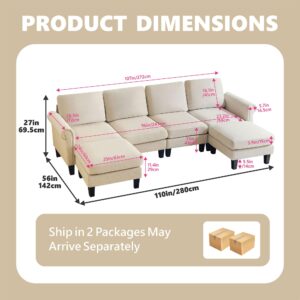 Redlife 110" Modular Sectional Sofa, Sectional Couches for Living Room, U Shaped Sectional Couch Convertible Sectional Sofa with Double Chaise, Comfy U Shaped Sectional Sofa for Living Room (Beige)