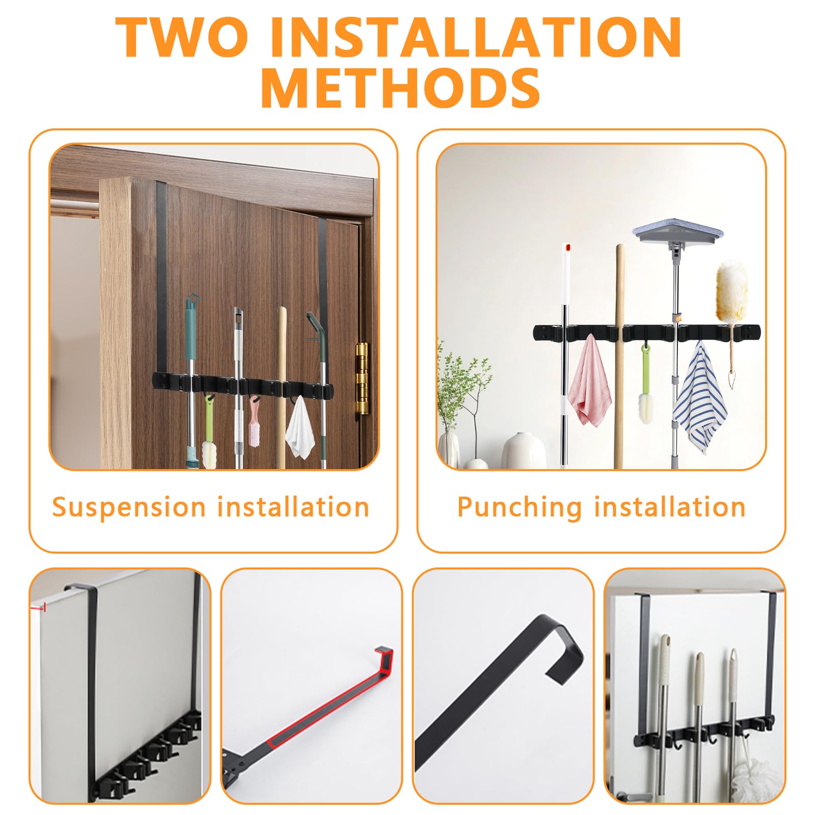 UKQRRTC Over The Door Broom Holder with Hooks Stainless Steel Broom Holder Wall Mount Space Saving Mop Broom Holder Easy to Install Mop and Broom Organizer for Laundry Room Garage Kitchen Bathroom