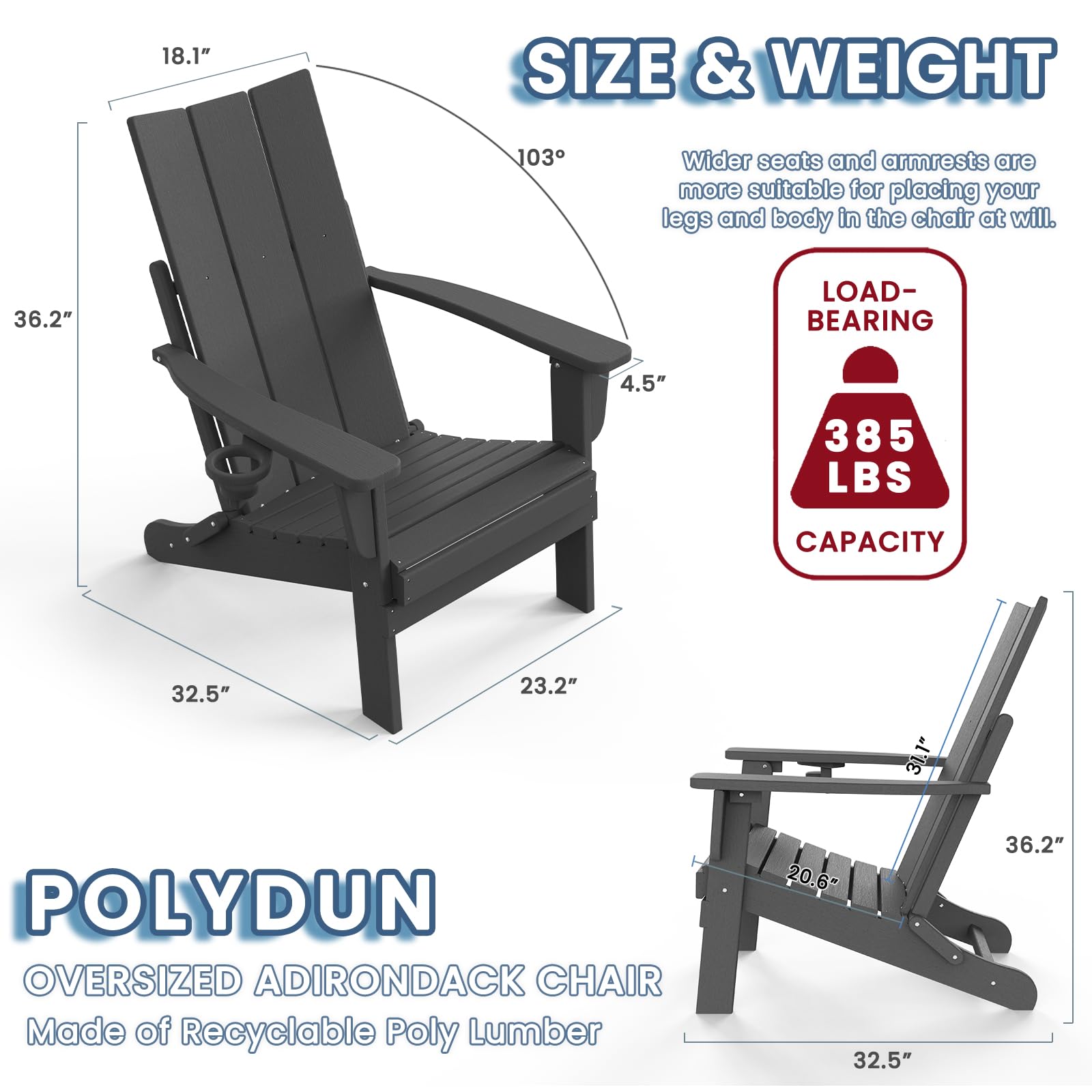 Folding Adirondack Chair with Cup Holder, Poly Lumber Patio Chairs, Wood Texture, Pre-Assembled Weather Resistant Outdoor Chairs for Pool, Deck, Backyard, Garden, Fire Pit Seating, Slate Gray