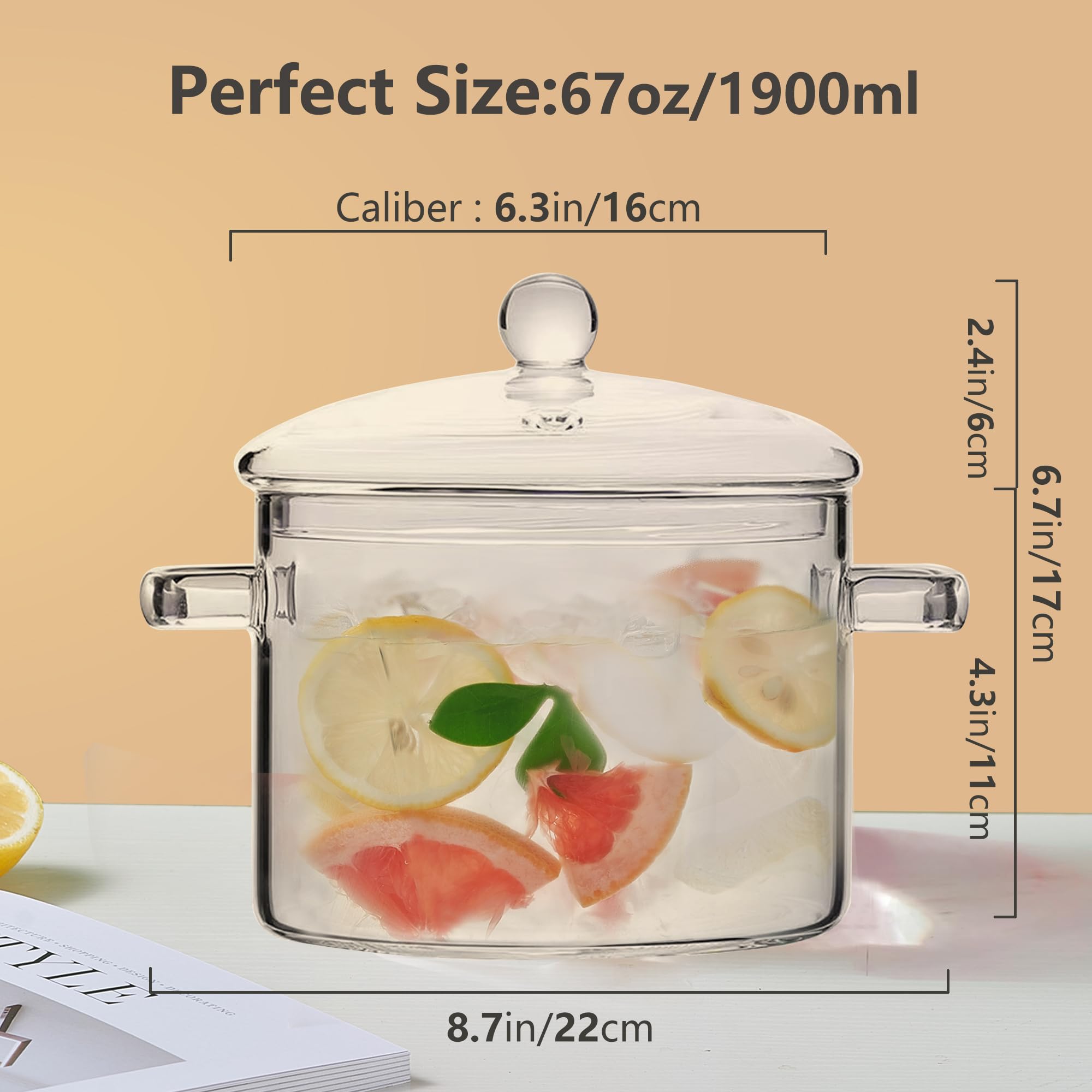 64oz/1900ml Clear Glass Simmer Pot for Cooking on Stove with Lid, Glass Saucepan Cookware Set for Pasta Noodle, Soup, Milk, Baby Food