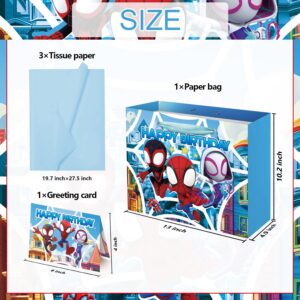 ZEZGERS Spidey Gift Bag for Happy Birthday with Handle, Tissue Paper and Card for Baby Shower,Classroom,Birthday Party Decorations Supplies