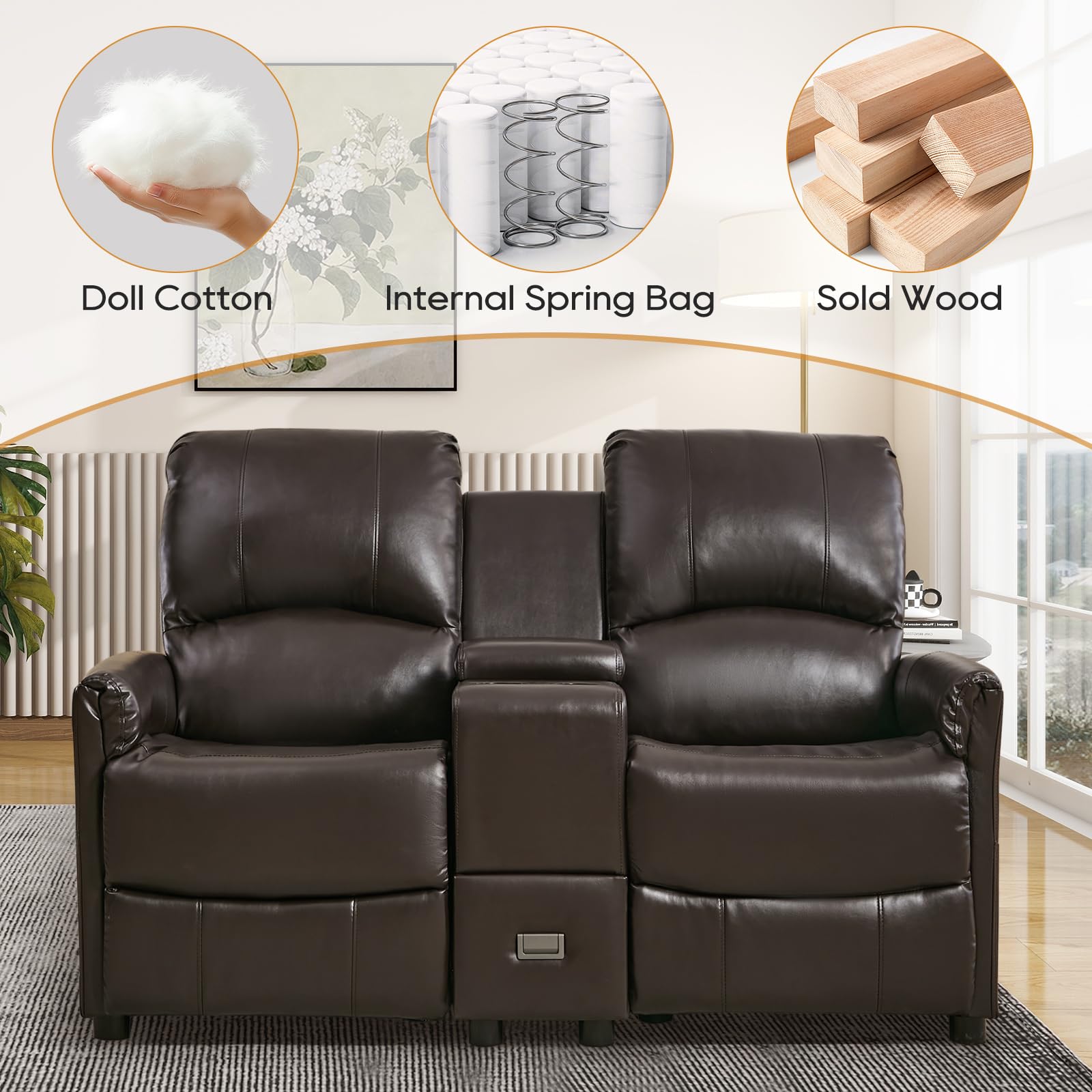 IPKIG Loveseat Recliner Sofa - RV Loveseat Recliner Wall Hugger Manual Reclining Loveseat with Console, Side Pockets and Cup Holders, Faux Leather Double Recliner Love Seat for Living Room (Brown)