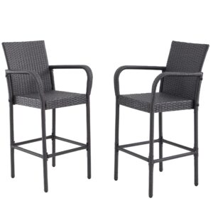 outdoor bar stools set of 2, 2-piece patio bar stools with armrests, all weather rattan bar chairs with backrest, wicker bar stools for backyard, garden, pool, balcony and deck, dark grey