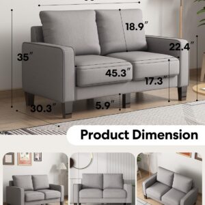 Small Modern Loveseat Couch Sofa - Fabric Upholstered 2 Seat Sofa, Solid Wood Leg, Ultra Thick Cushion, Seats Storage, Compact Small Space Furniture, Living Room, Apartment, Light Gray