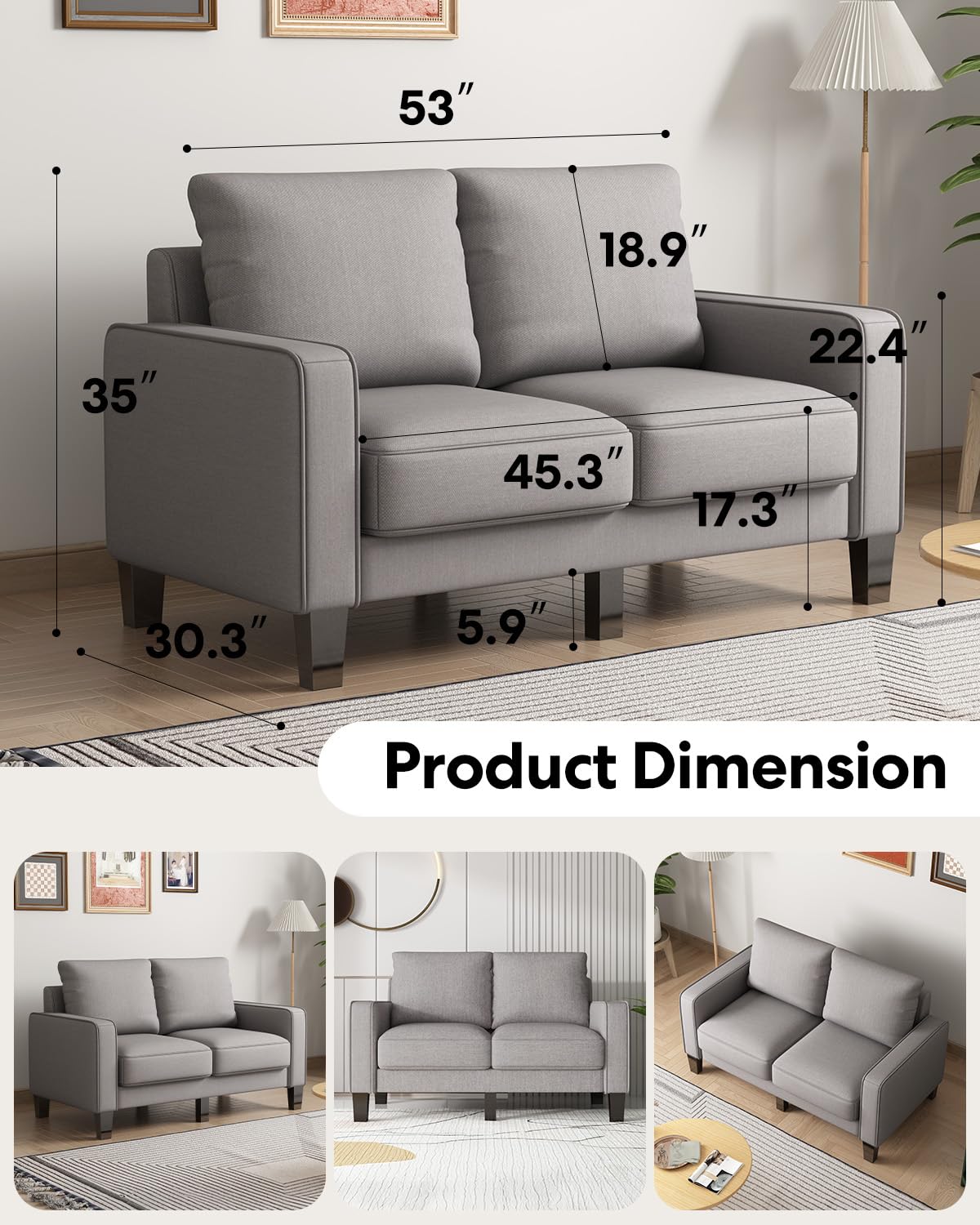 Small Modern Loveseat Couch Sofa - Fabric Upholstered 2 Seat Sofa, Solid Wood Leg, Ultra Thick Cushion, Seats Storage, Compact Small Space Furniture, Living Room, Apartment, Light Gray