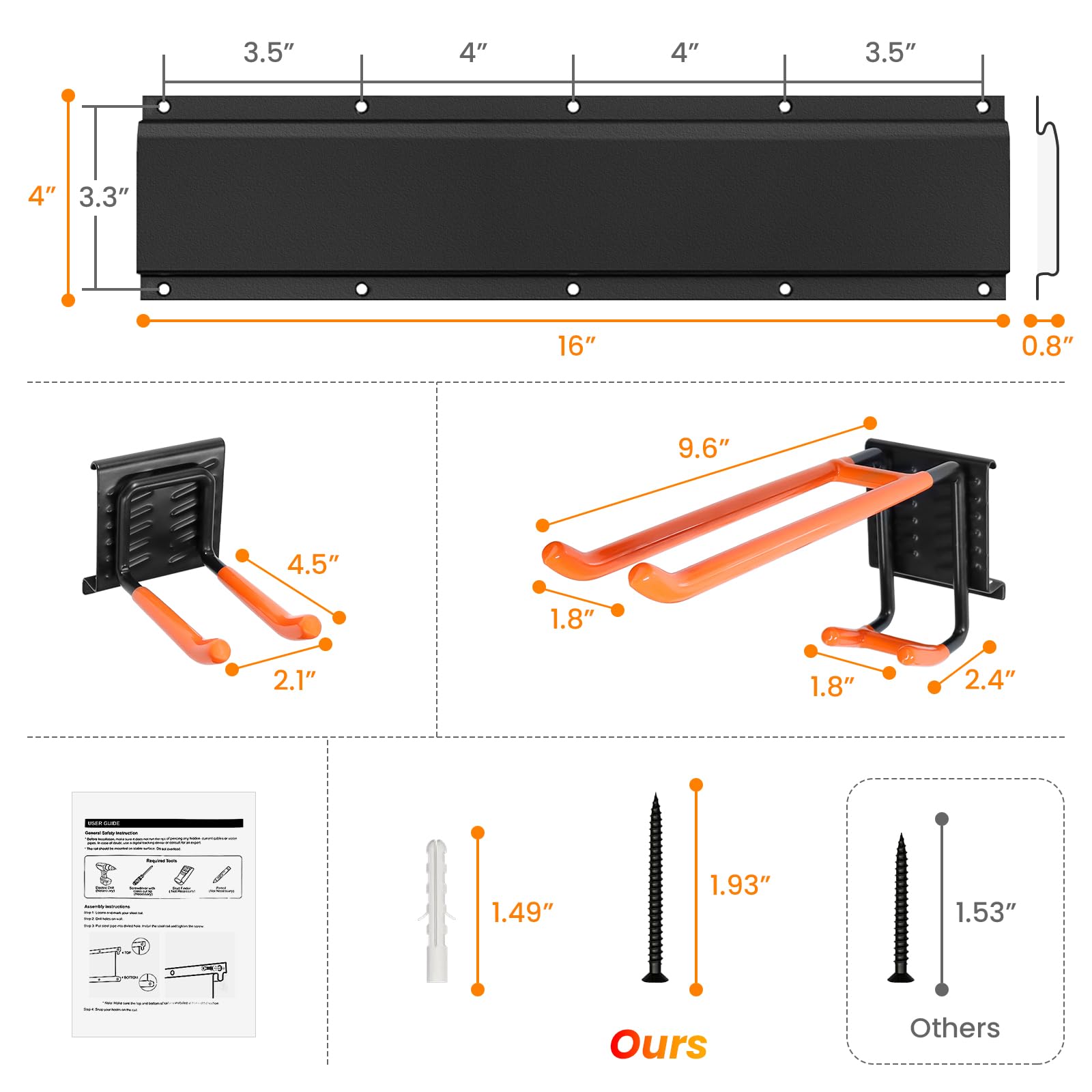 ELECROW Garage Storage Organizer Wall Mount Tool, Heavy Duty Garage Garden Tool Rack with 6 Adjustable Hooks, for Garden and Yard Storage Tools