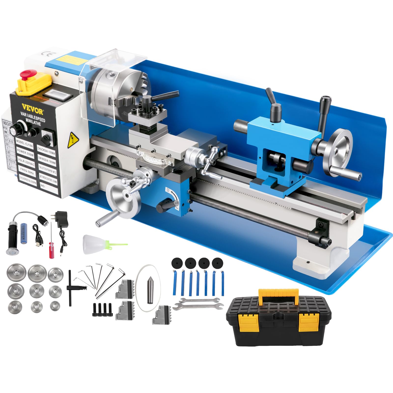 VEVOR Mini Metal Lathe, 7"x14", 550W Variable Speed 2250 RPM Metal Lathe, with 3-jaw Chuck Mini Lathe Machine Benchtop Metal Lathe Digital Display for Metal Turning