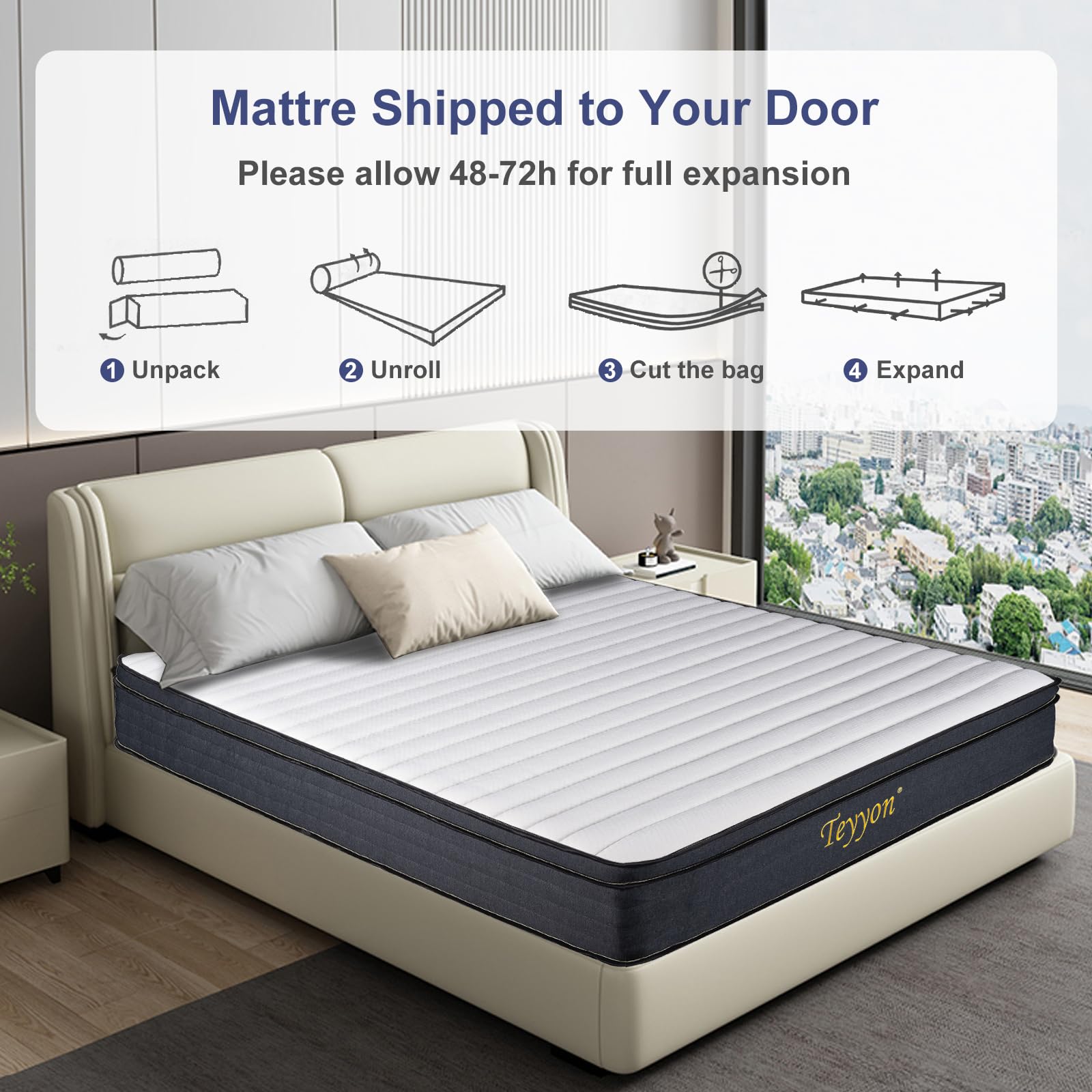 Teyyon Queen Size Mattress 12 Inch Hybrid Mattress with Memory Foam & Pocket Springs, Ergonomic Design for Pressure Relief,Medium Firm Feel, Motion Isolation, Edge Support, Ships Compressed