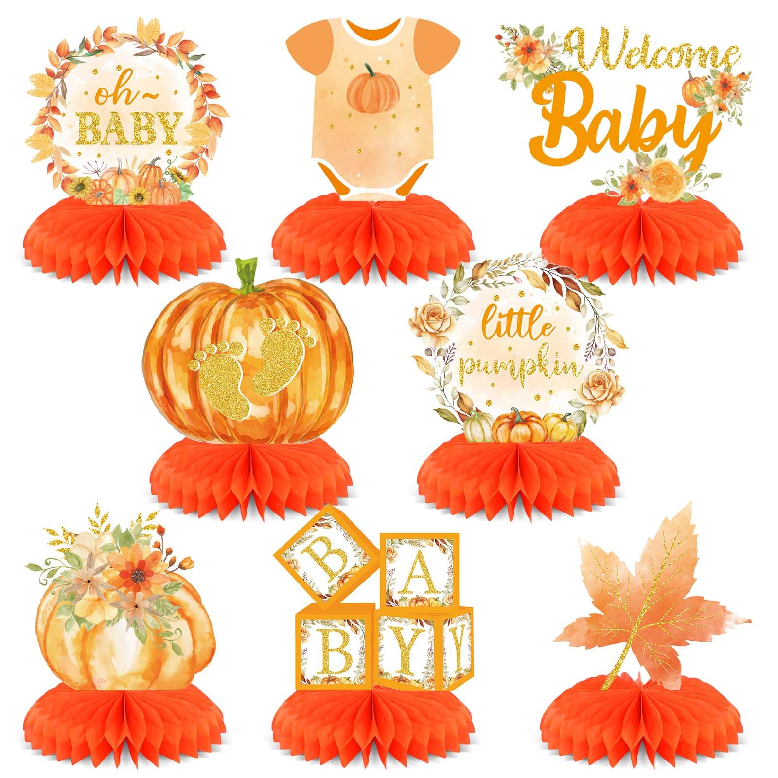 Weecent 8 Pcs Pumpkin Baby Shower Decorations Honeycomb Centerpieces Fall Baby Shower Decorations Table Centerpieces for Fall Thanksgiving Gender Reveal Party Decorations