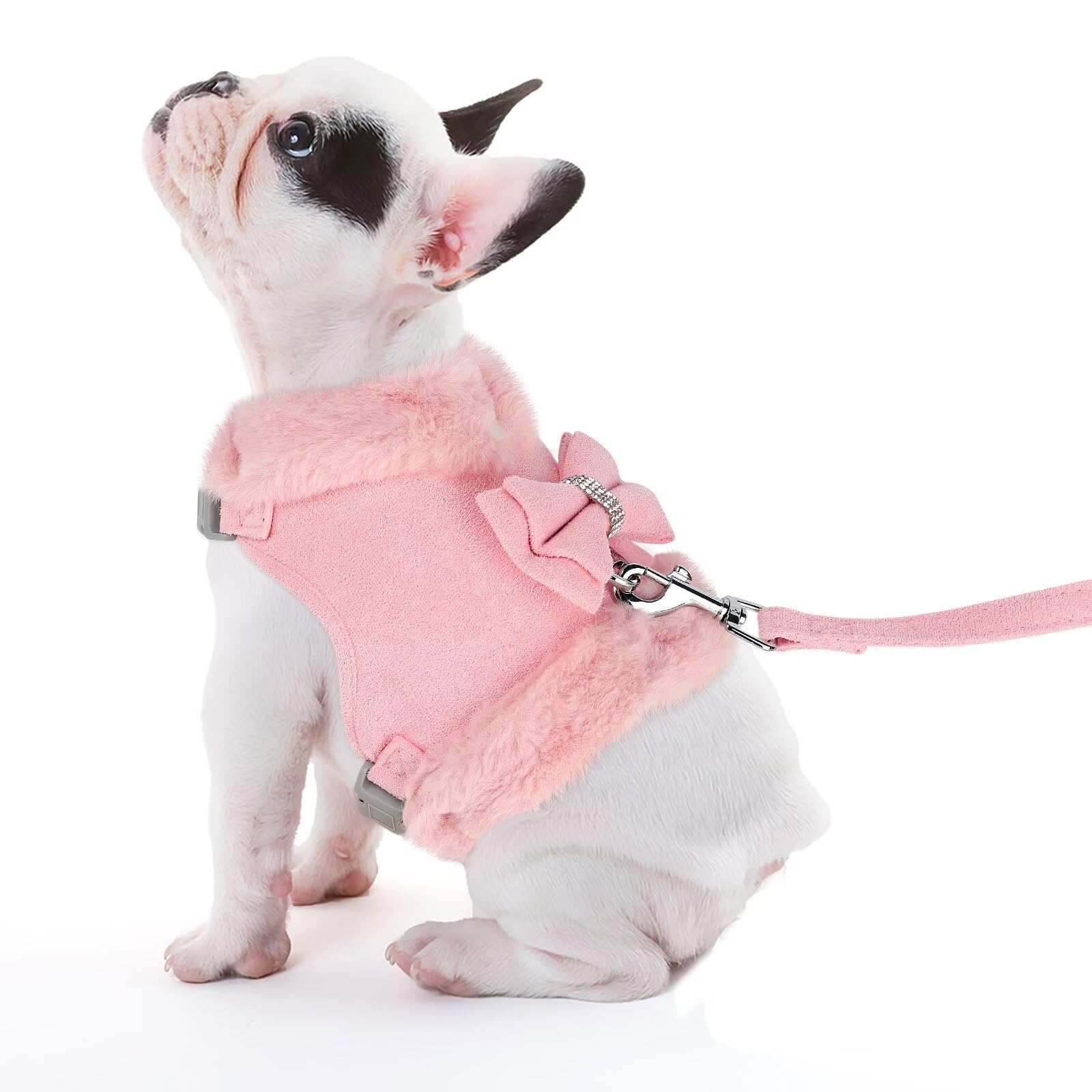 Didog Cute Small Dog Harness and Leash Set, Winter Warm Dog Harness with Bow Tie, Adjustable Soft Padded Puppy Vest with Removable Plush Collar for XS Small and Medium Sized Dogs (Pink, M)