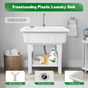 Freestanding Plastic Laundry Sink with Washboard, Indoor and Outdoor Utility Sink with Cold and Hot Water Faucet, Hoses and Drain Kit,Fashionable Sink for Laundry Room, Garage, Basement (Large)