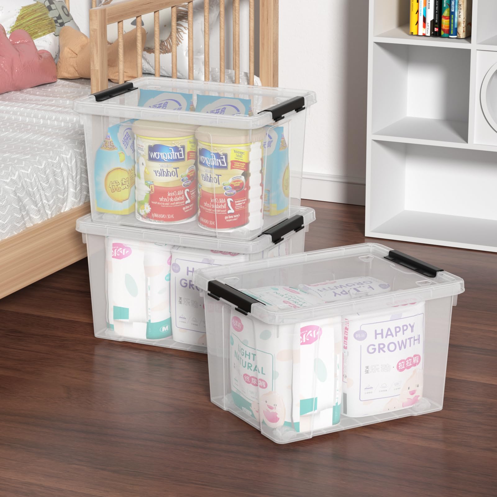 Leendines 4 Pack Plastic Lidded Storage Boxes, 34 Quart Clear Plastic Bins with Wheels