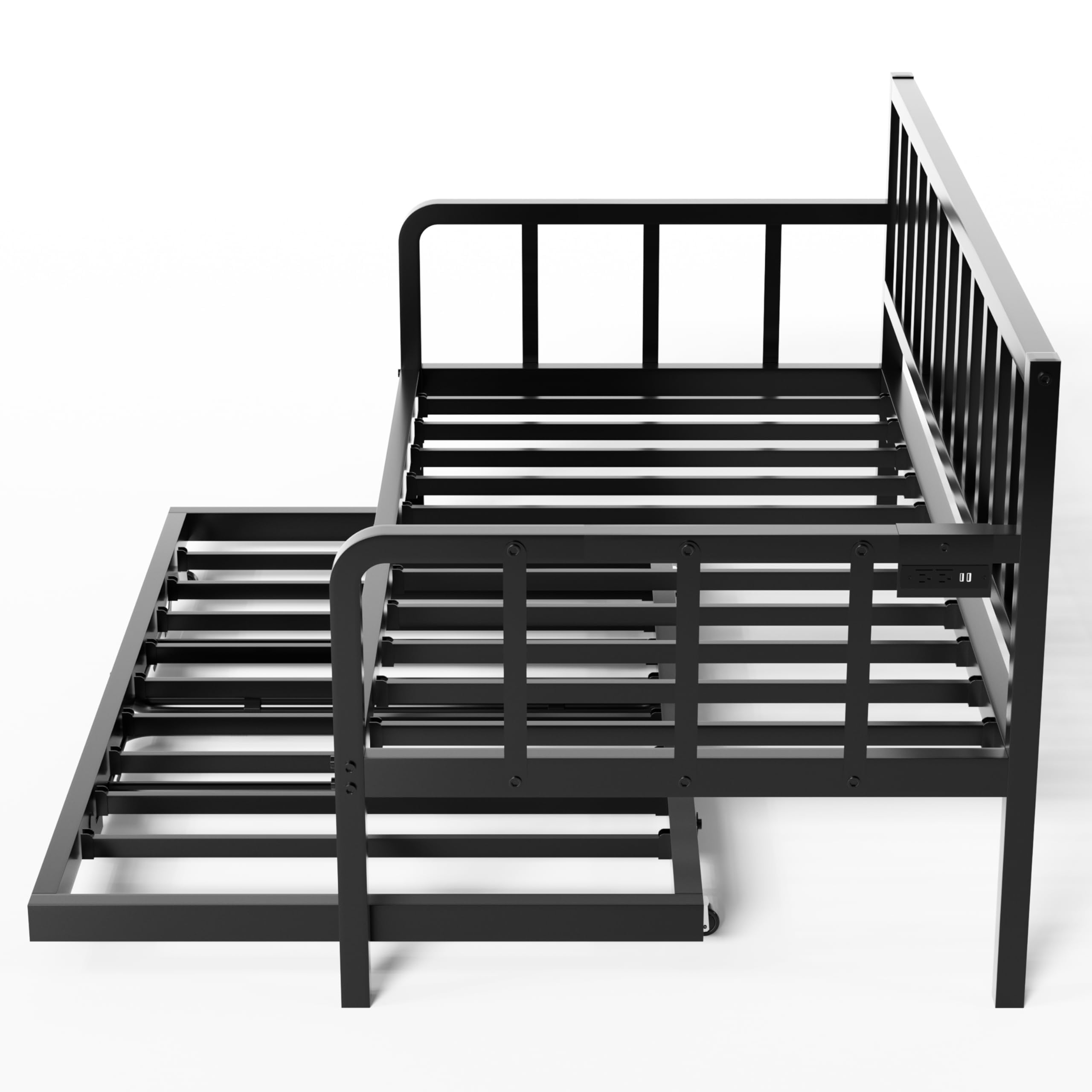 MU Daybed with Trundle Bed, Twin Bed Frame with Charging Station and LED Lights, Metal Sofa Day Bed with Pop Up Trundle and Steel Slat Support for Living Room, Bedroom and Guest Room, Black