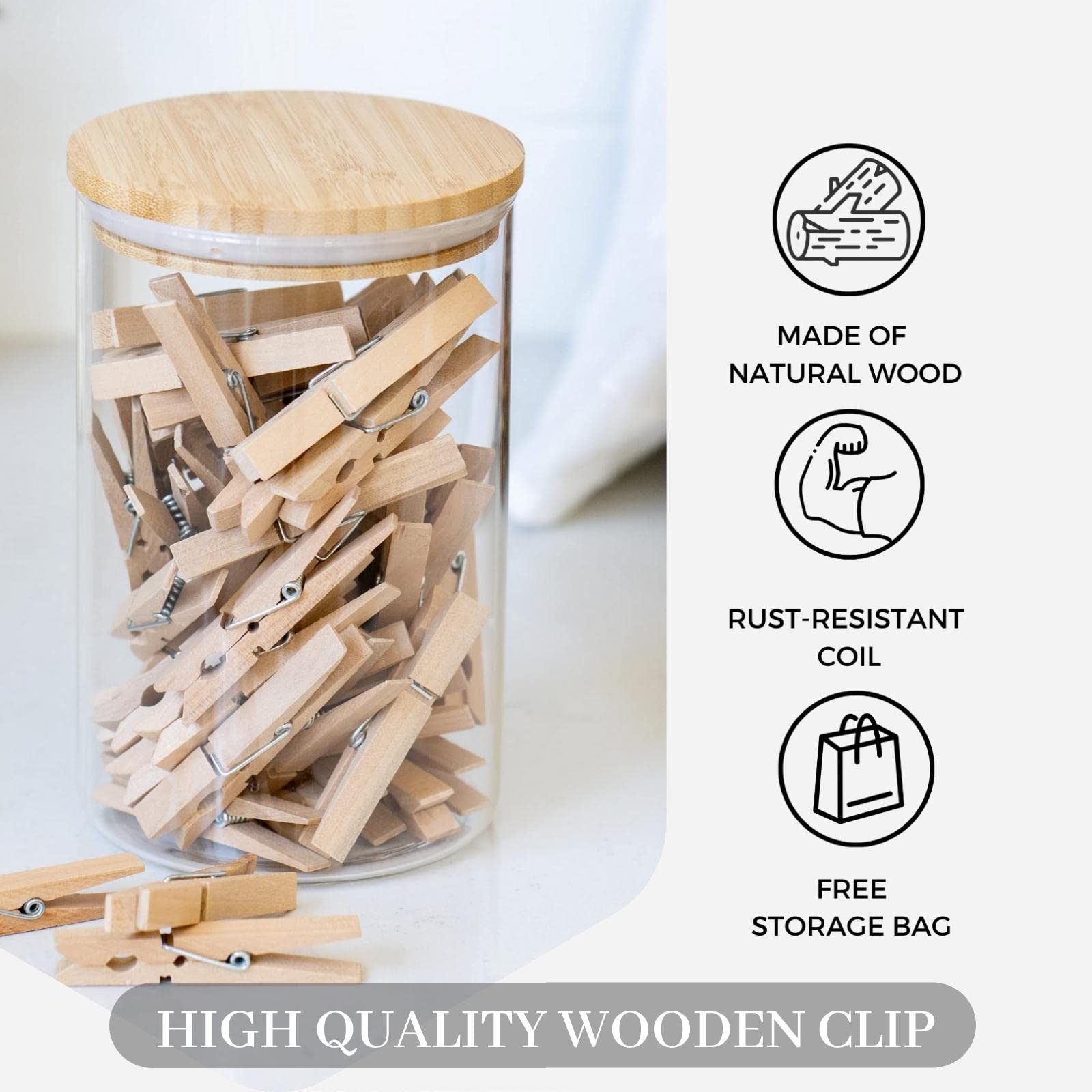 Clothes Pins,50 Pack,2.9 in,Natural Birchwood,Rust and Moisture Resistant Clothespins,Durable Clothes Pins Wooden with Storage Bag,Strong Grip,Clothespins for Hanging Clothes,Bag Clips,Crafts,Photos