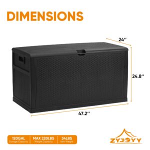 ZYJOYY 120 Gallon Resin Deck Box, Weatherproof Outdoor Storage Box for Patio, Garden, Pool, and Yard, Lockable Waterproof Bin for Tools, Cushions, and Accessories, Black