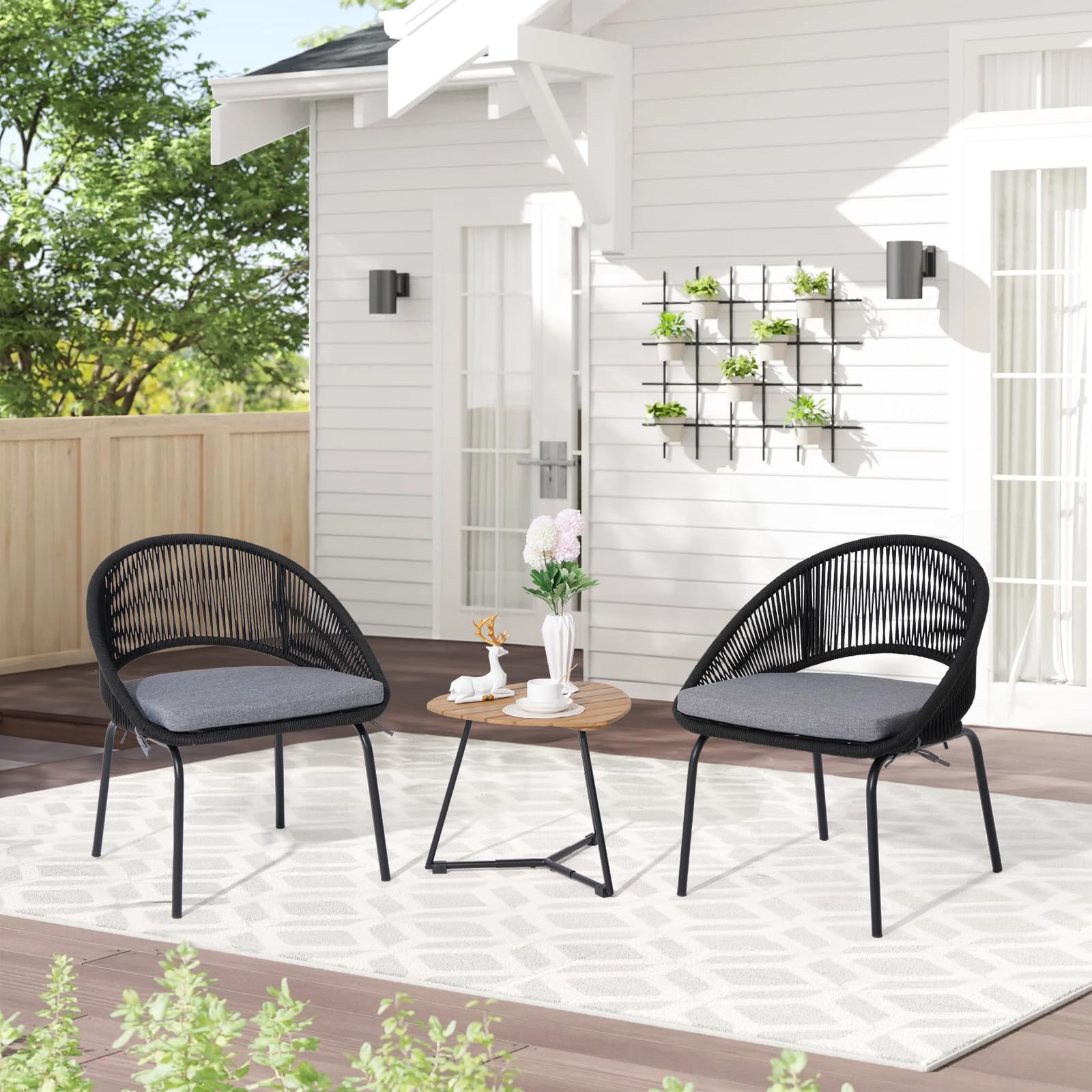 COBANA 3 Piece Patio Bistro Set, Outdoor Woven Rope Conversation Balcony Furniture Set with Wood Coffee Table and Cushioned Chairs for Garden, Backyard, Deck, Poolside, Black