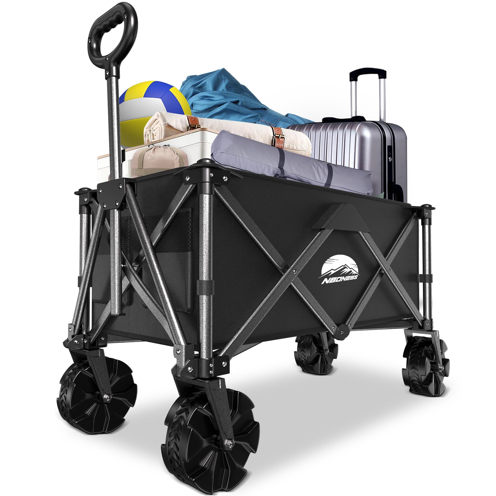 Collapsible Folding Wagon Cart Heavy Duty,Beach Wagon with Big Wheels,Utility Grocery Wagon with Side Pocket