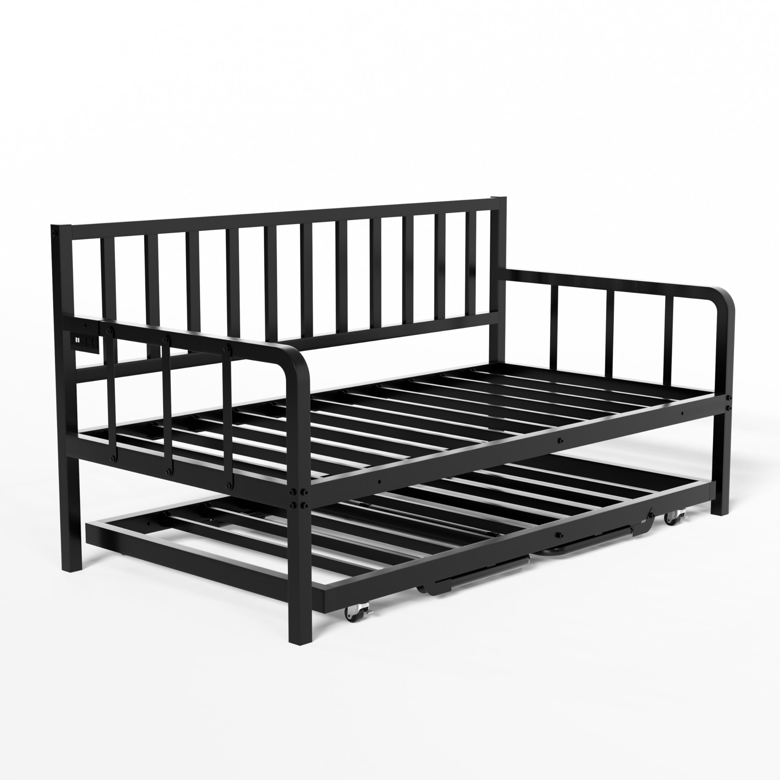 MU Daybed with Trundle Bed, Twin Bed Frame with Charging Station and LED Lights, Metal Sofa Day Bed with Pop Up Trundle and Steel Slat Support for Living Room, Bedroom and Guest Room, Black