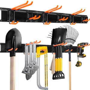 elecrow garage storage organizer wall mount tool, heavy duty garage garden tool rack with 6 adjustable hooks, for garden and yard storage tools