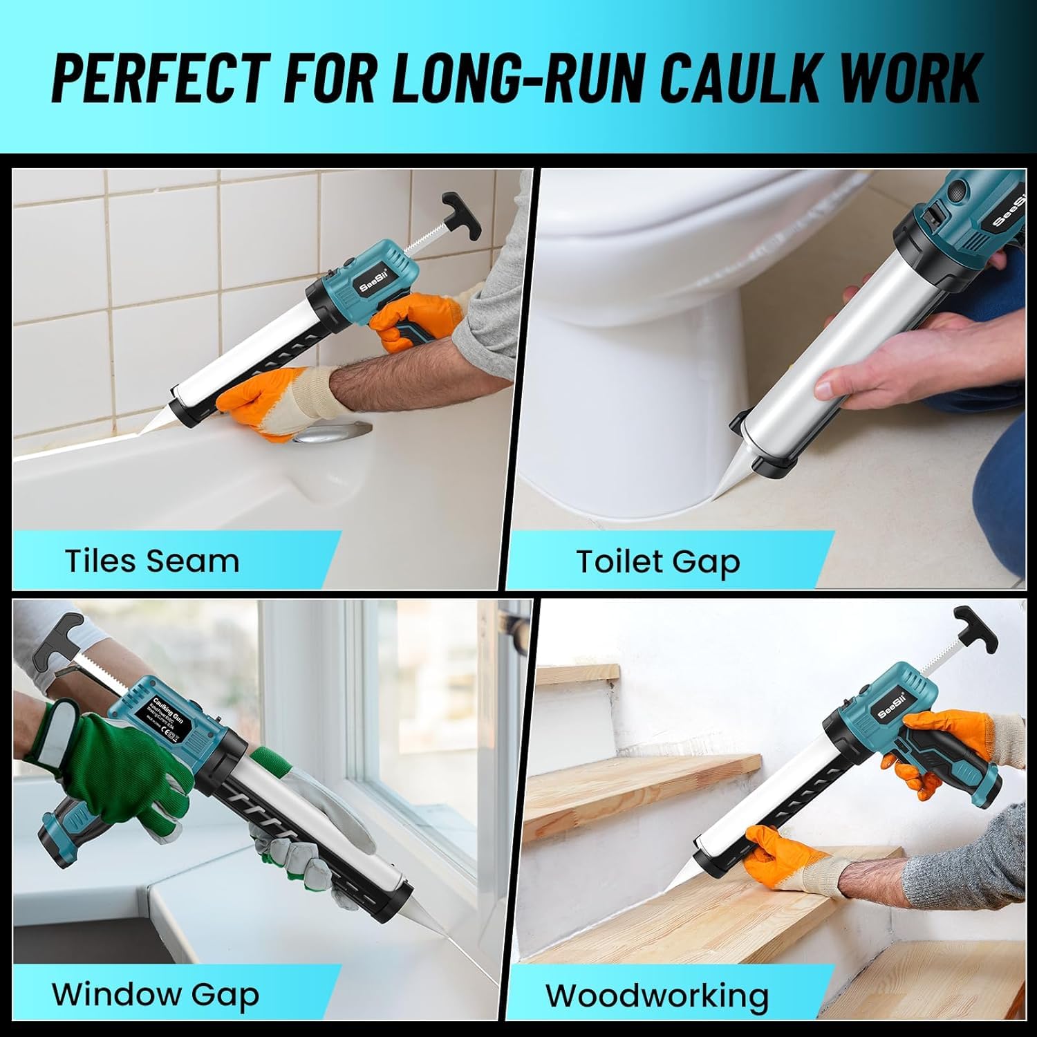 Seesii Electric Caulking Gun, Lightweight & Cordless Caulking Gun with LED Light, Labor Saving AA Battery Power Caulk Gun, 10oz Cordless Caulk Gun for Filling, Sealing (Battery Not Included)(Blue)