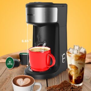 Hrelec 2 in 1 K Cup Coffee Maker, Iced Single Serve Coffee Maker for Capsule and Ground Coffee, Pod Coffee Maker One Cup Small Coffee Machine with Self-Cleaning Function, 8-14 oz Brew Size