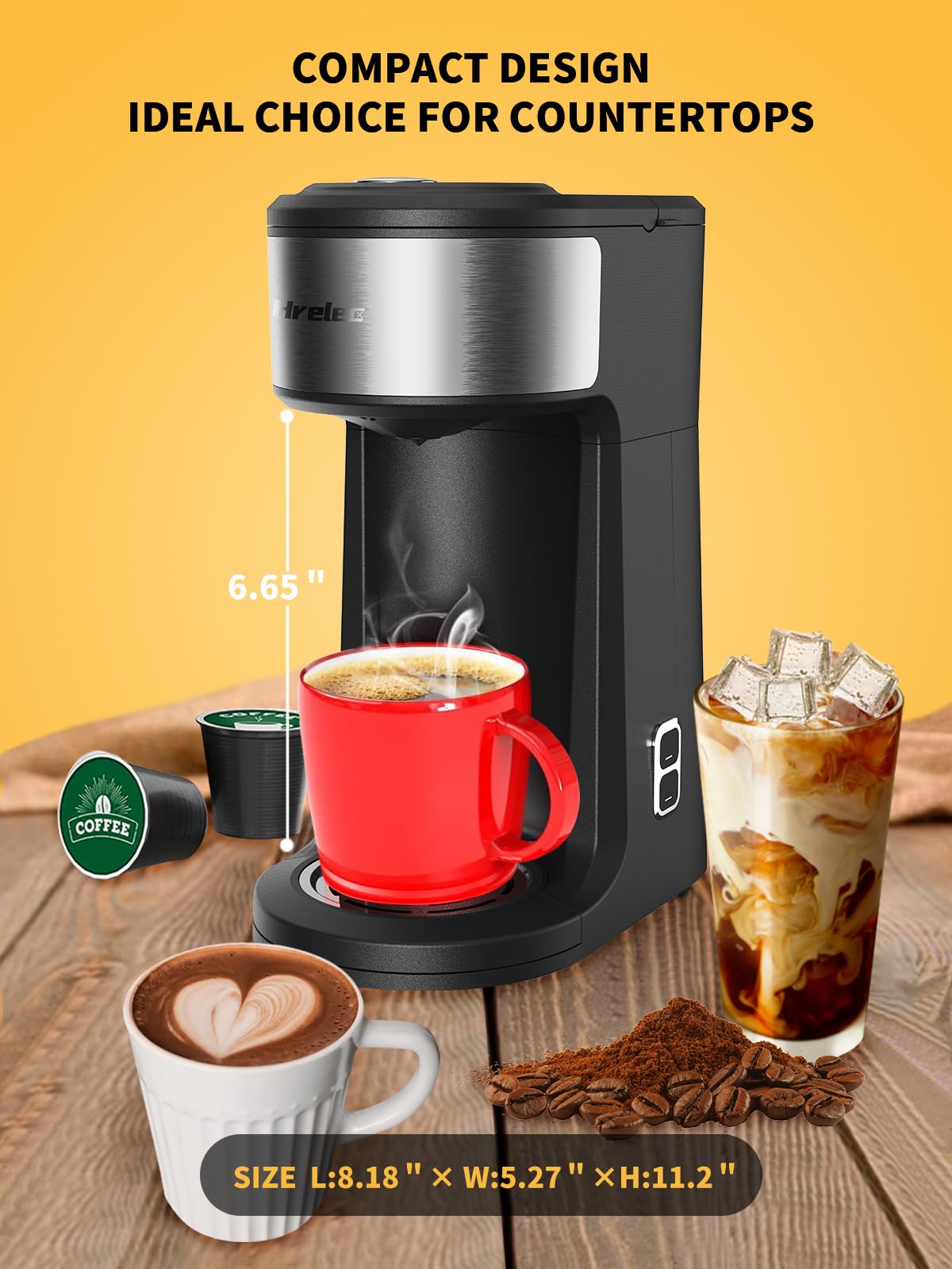 Hrelec 2 in 1 K Cup Coffee Maker, Iced Single Serve Coffee Maker for Capsule and Ground Coffee, Pod Coffee Maker One Cup Small Coffee Machine with Self-Cleaning Function, 8-14 oz Brew Size