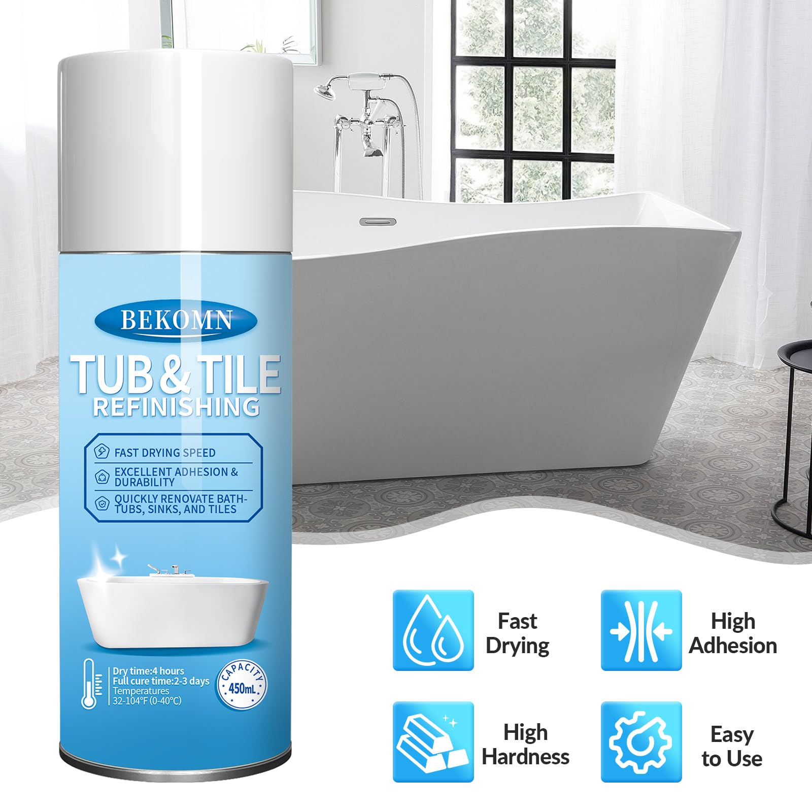 BEKOMN Tub and Tile Spray Paint White,450ml,Aerosol Bathtub Refinishing Kit for Porcelain Ceramic Fiberglass, DIY Resurfacing Bathroom Tile Sink Countertop