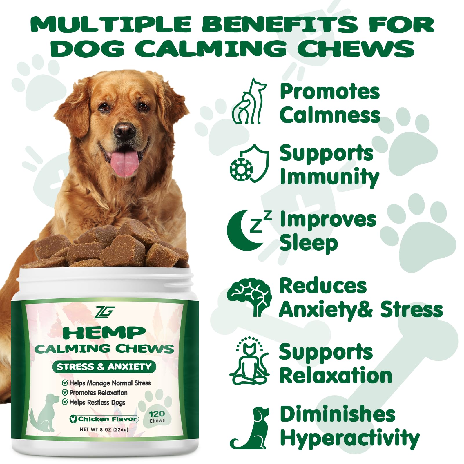 ziehooGe Dog Calming Chews - Anxiety Relief Treats, Hemp Chews for Dogs Separation, Stress Relief, Sleep Calming Aid Chicken Flavor Dog Supplements 120 Chews