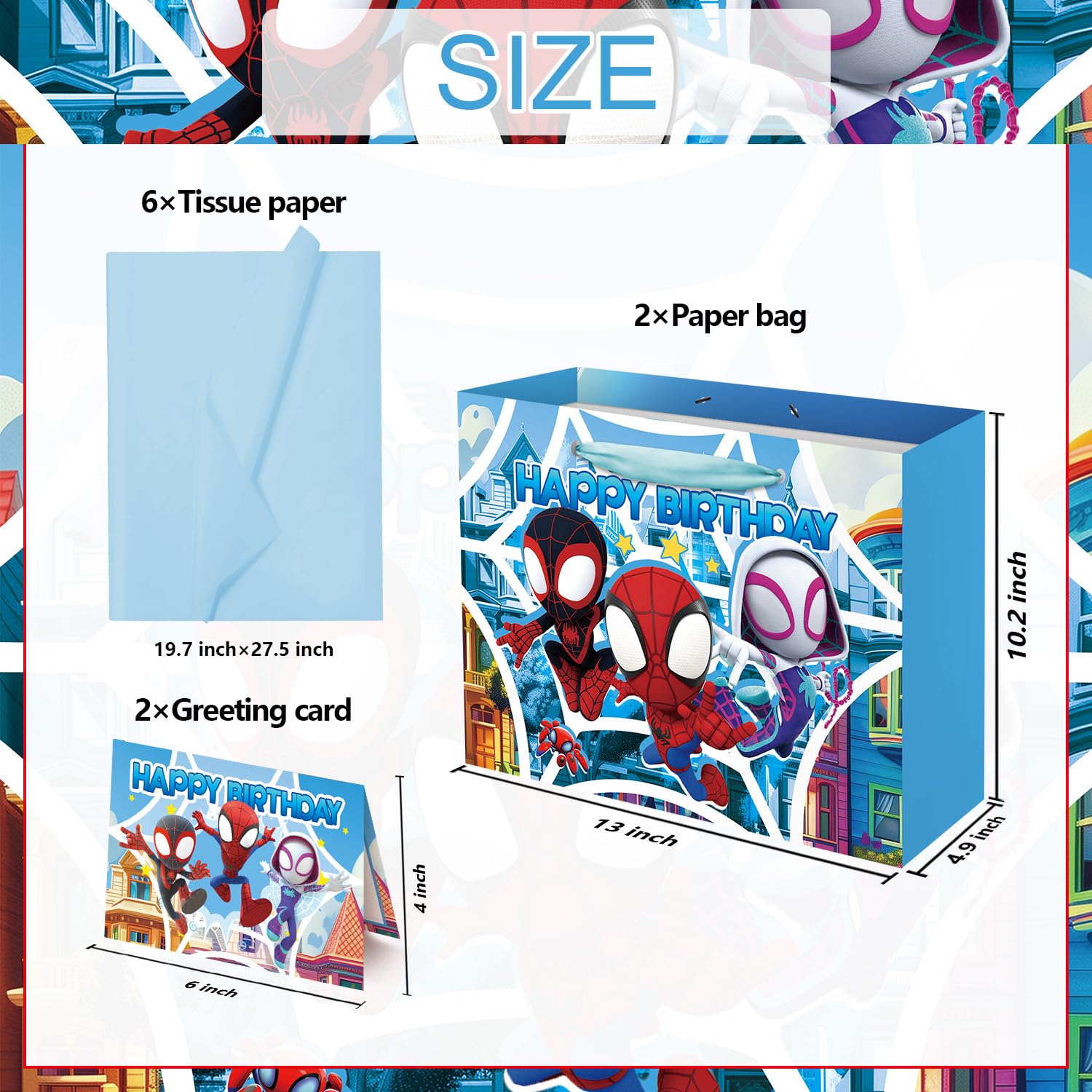 ZEZGERS 2PCS Spidey Gift Bag for Happy Birthday with Handle, Tissue Paper and Card for Baby Shower,Classroom,Birthday Party Decorations Supplies