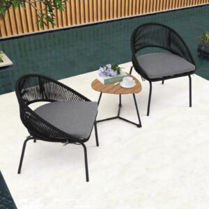 COBANA 3 Piece Patio Bistro Set, Outdoor Woven Rope Conversation Balcony Furniture Set with Wood Coffee Table and Cushioned Chairs for Garden, Backyard, Deck, Poolside, Black