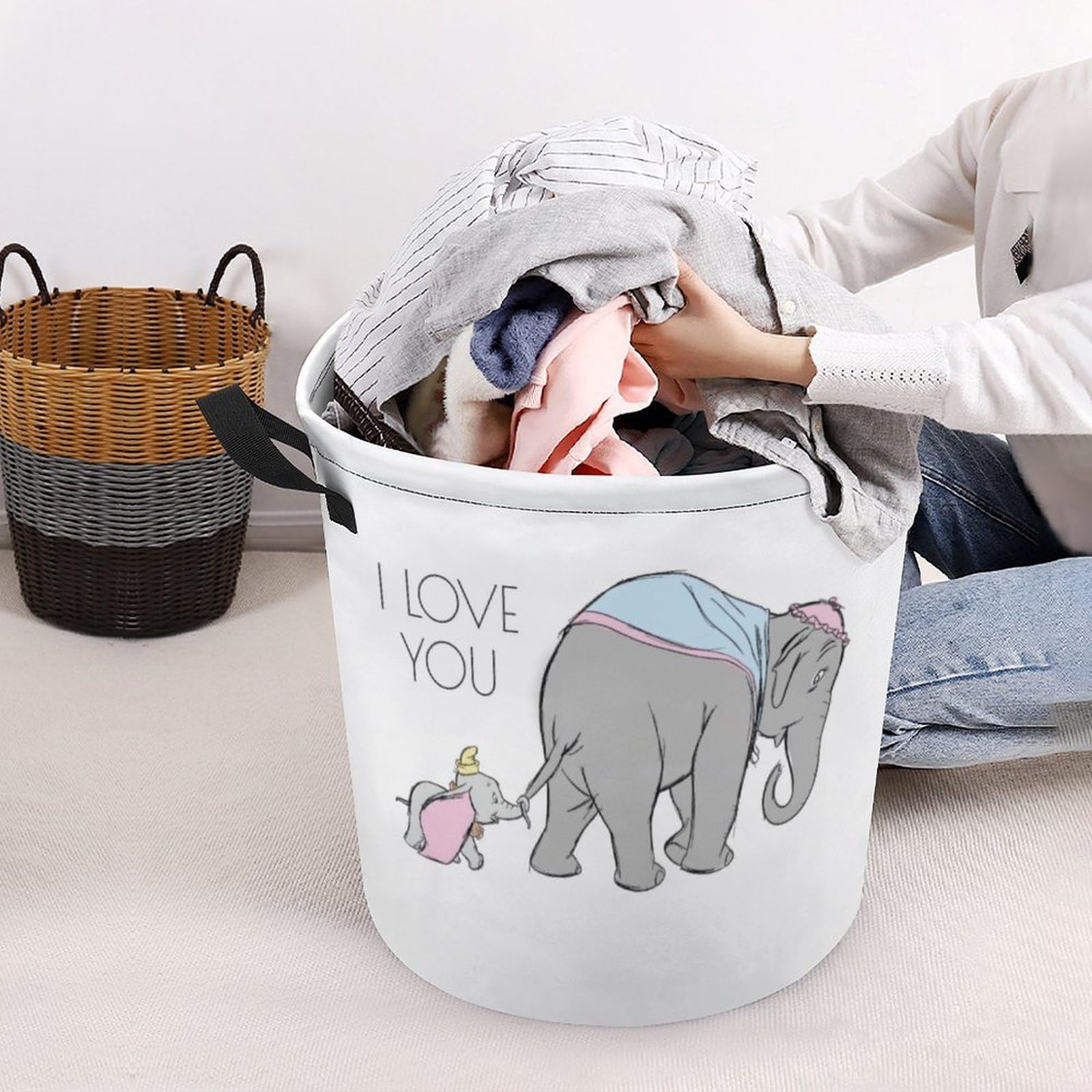 Dumbo Following His Mom Laundry Basket Large Round Canvas Laundry Hamper with Handles Foldable Storage Bin for Dirty Clothes Hamper Bedroom Bathroom