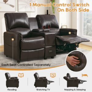 IPKIG Loveseat Recliner Sofa - RV Loveseat Recliner Wall Hugger Manual Reclining Loveseat with Console, Side Pockets and Cup Holders, Faux Leather Double Recliner Love Seat for Living Room (Brown)