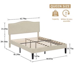 VECELO Queen Bed Frame Platform Bed Frame with Upholstered Headboard, Strong Frame and Heavy-Duty Slats Support, Non-Slip and Noise-Free, Easy Assembly,Beige