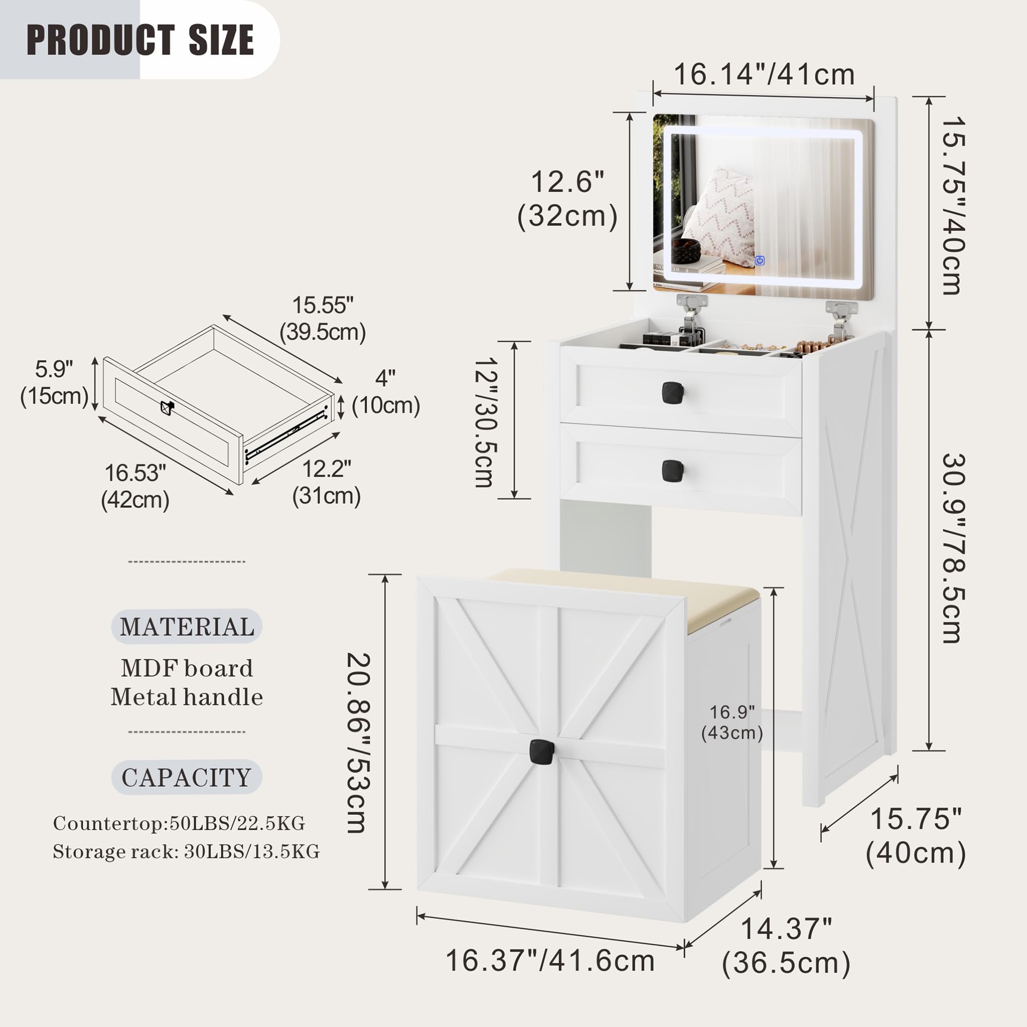 FREDEES Farmhouse 3 in 1 Vanity Desk with Mirror,Small Makeup Vanity Set with Soft Light, Space-Saving Makeup Vanity with Storage Compartment and Padded Stool,Dressing Table for Bedroom,White