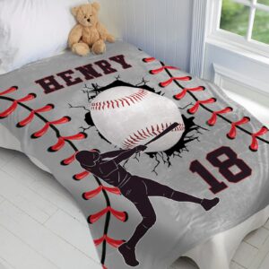 Pinkfulum Personalized Baseball Blankets with Name Numbers, Custom Baseball Team Game Throw Flannel Blankets Stuff Gifts for Boys Sports Lover Fans Kids Adult